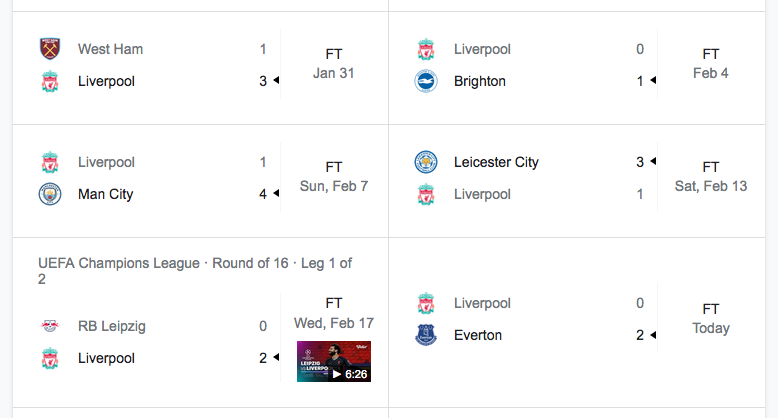 Empat kekalahan beruntun Liverpool di Premier League.